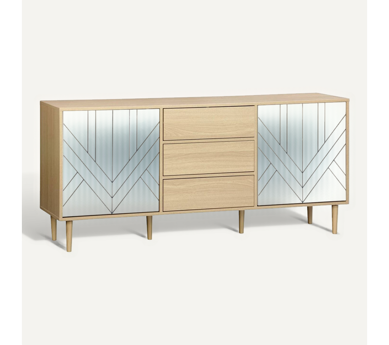 Buffet De Rangement Décor Bois Et Blanc - Mika - 2 Niveaux. 2 Portes. 3 Tiroirs. Buffet Bas. L 160