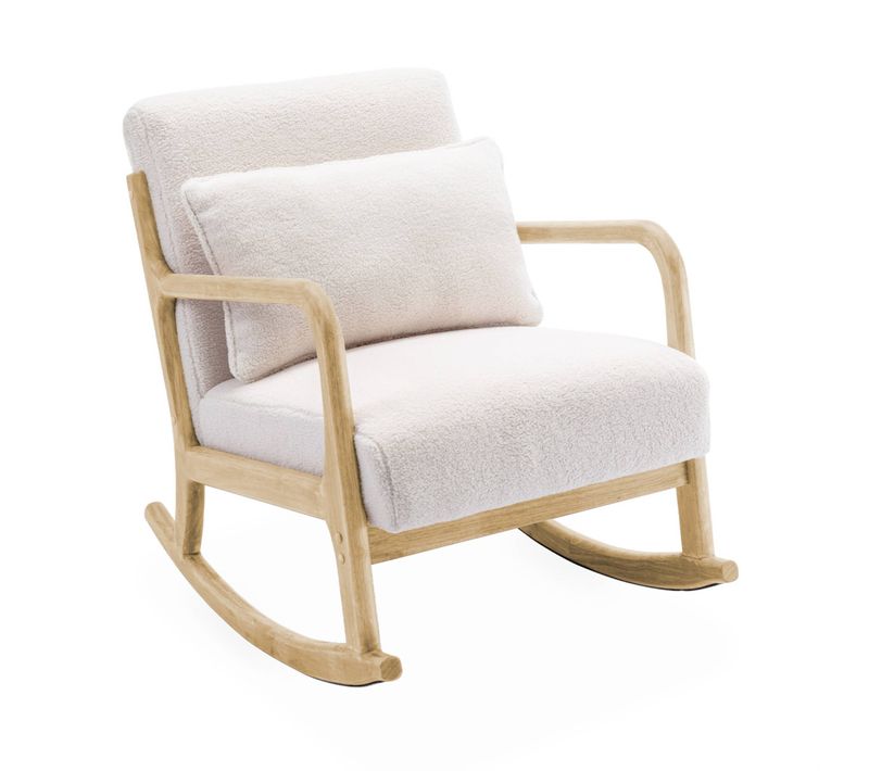 Fauteuil à Bascule Design En Bois Et Tissu. Bouclettes Crème. 1 Place. Rocking Chair Scandinave