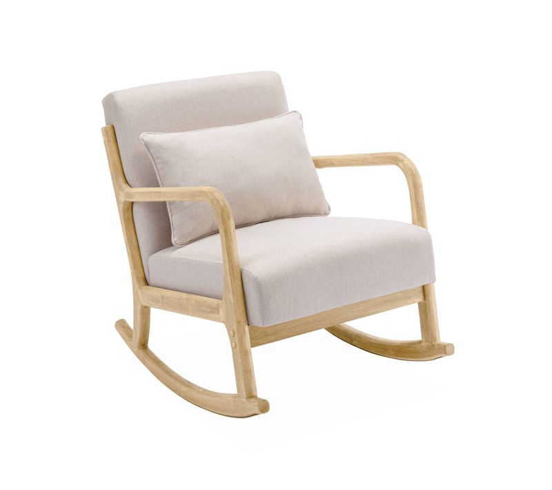 Fauteuil à Bascule Design En Bois Et Tissu. 1 Place. Rocking Chair Scandinave. Beige
