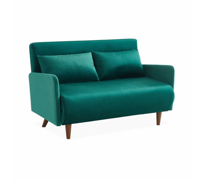 Canapé Convertible En Velours - Panam - 2 Places Scandinave. Pieds Bois Foncé. Vert. Banquette.