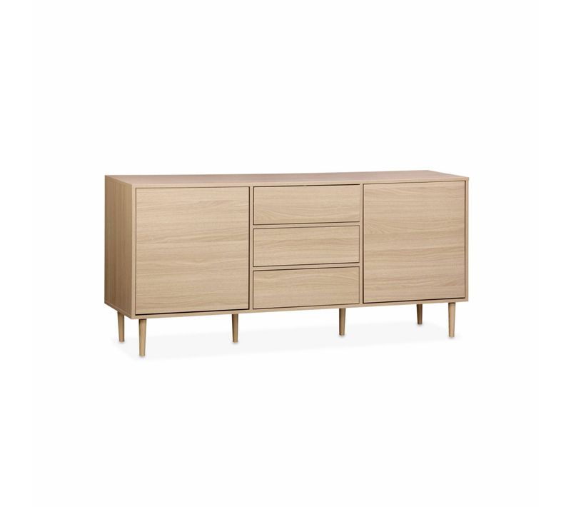 Buffet De Rangement Décor Bois - Mika - 2 Niveaux. 2 Portes. 3 Tiroirs. Buffet Bas. L 160 X L 40 X