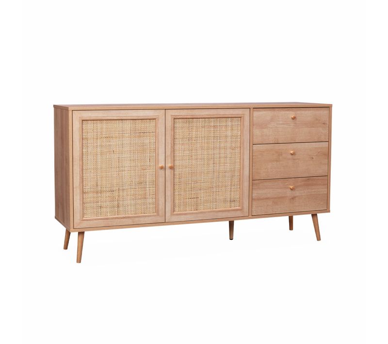Buffet De Rangement Naturel En Cannage 2 Portes 3 Tiroirs. Buffet Bas. L150 X L39 X H79cm - Bohème