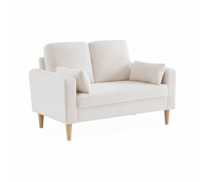 Canapé à Bouclettes Crème - Bjorn - Canapé 2 Places Fixe Droit Pieds Bois. Style Scandinave