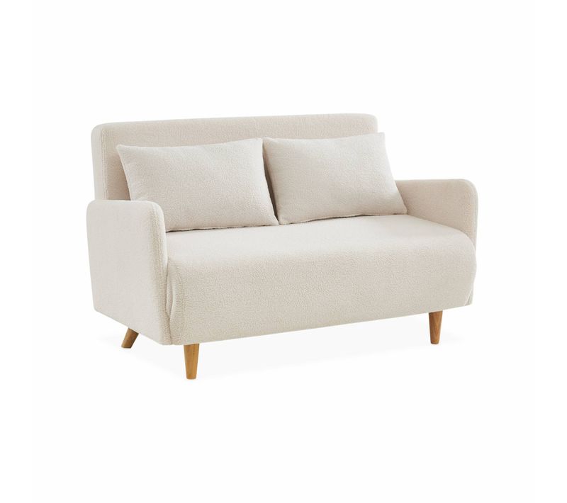 Canapé Convertible 2 Places Scandinave - Panam - Pieds Bois. Bouclettes Crème. Banquette. Dossier