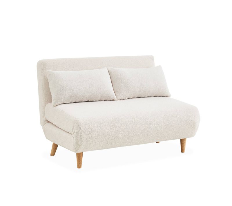 Canapé Convertible En Tissu Bouclettes Crème - Guesta - 2 Places Scandinave. Pieds Bois Foncé.