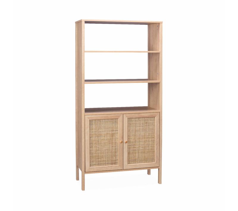 Bibliothèque Décor Bois Et Cannage - Bohème - 4 Niveaux. 2 Portes. 5 Étagères
