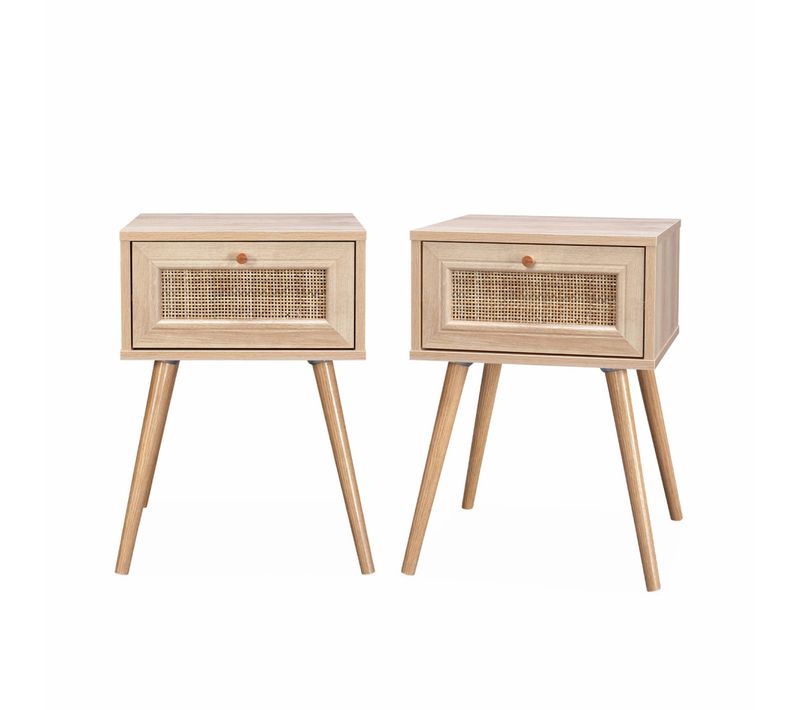 Lot De 2 Tables De Chevet Décor Bois et Cannage Avec 1 Tiroir - Bohème