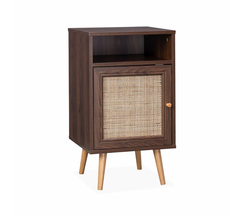 Table De Chevet En Cannage - Bohème - 40x39x70cm. Couleur Noyer - 2 Niveaux - 1 Porte - 1 Espace De