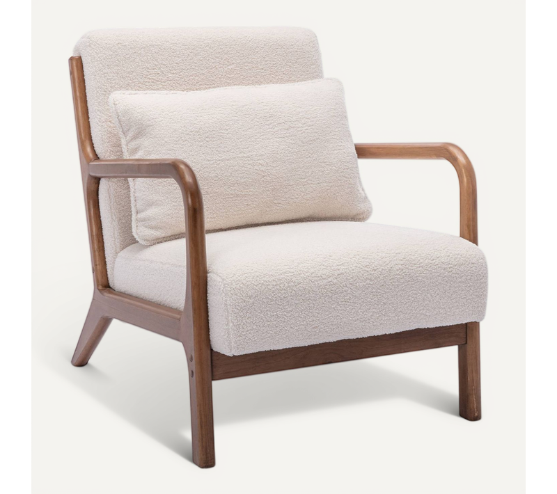 Fauteuil à Bouclettes . Pieds Bois D'hévéa Teinté Noyer Clair. 1 Place Droit Fixe. Pieds Compas