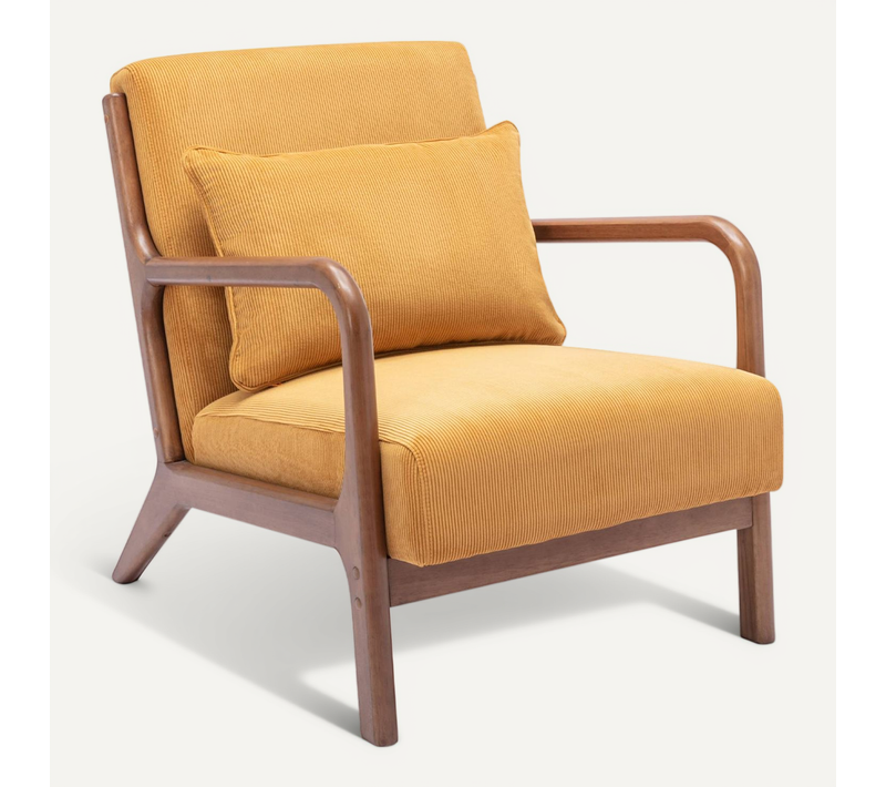Fauteuil Velours Côtelé Ocre. Pieds Bois D'hévéa Teinté Noyer Clair. 1 Place Droit Fixe. Pieds