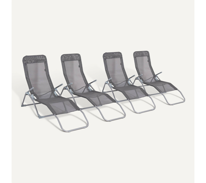 Lot De 4 Bains De Soleil Pliants - Levito Anthracite - Transats Textilène 2 Positions. Chaises