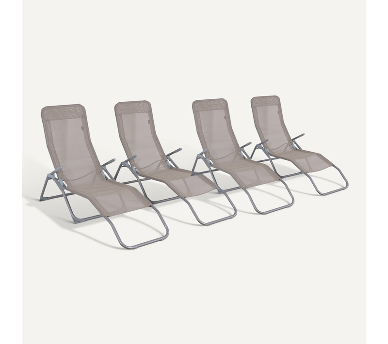 Lot De 4 Bains De Soleil Pliants - Levito Taupe - Transats Textilène 2 Positions. Chaises Longues