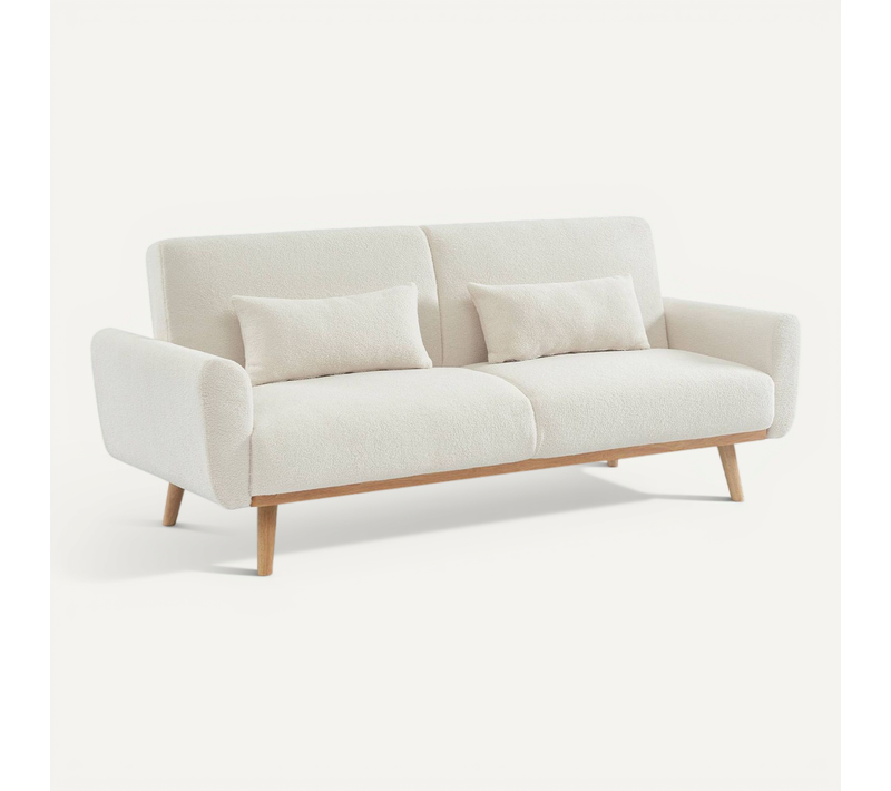 Canapé Convertible à Bouclettes Crème - Oskar - 2 - 3 Places Scandinave Droit Avec Pieds Bois