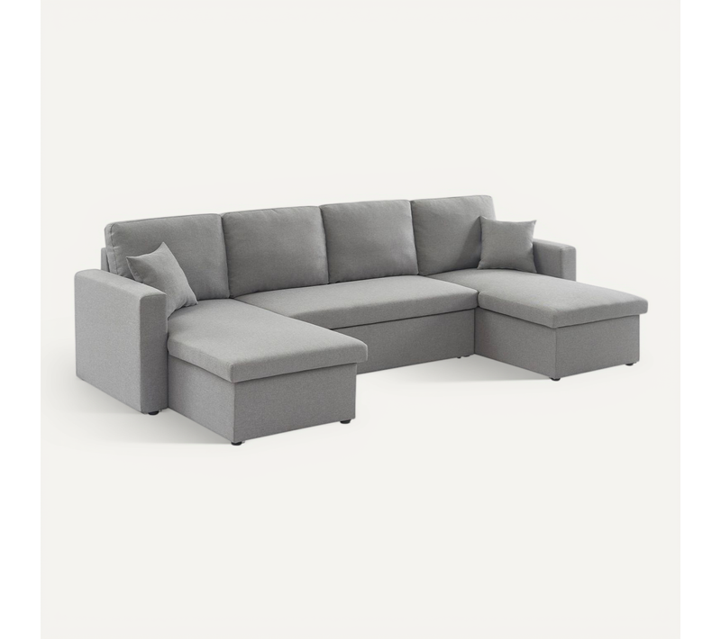 Canapé Panoramique Convertible En Tissu Gris Clair. 4 Places. Coffre Rangement. Lit Modulable