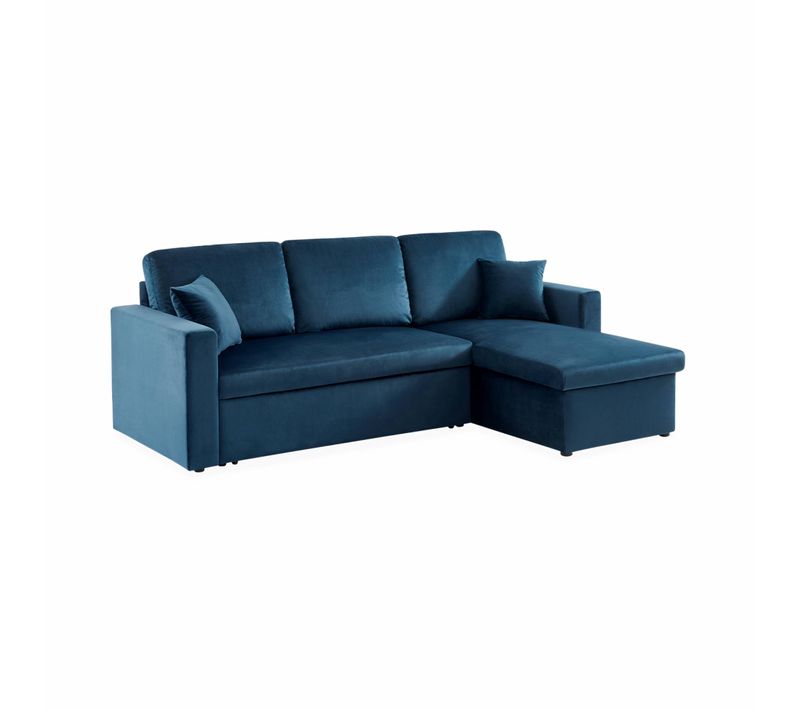 Canapé D'angle Convertible En Velours Bleu Pétrole 3 Places. Fauteuil D'angle Réversible Coffre