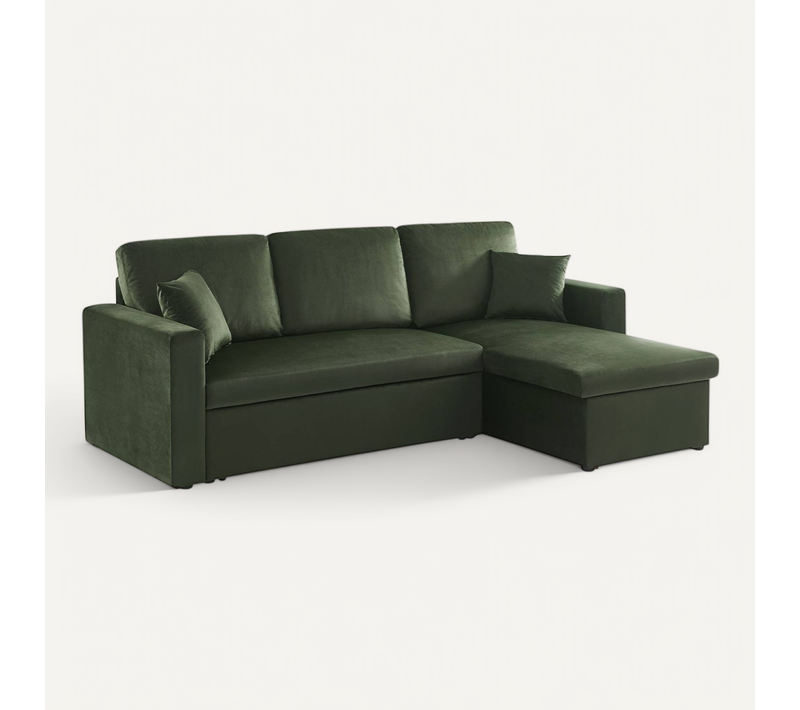 Canapé D'angle Convertible En Velours Vert Anglais 3 Places. Fauteuil D'angle Réversible Coffre