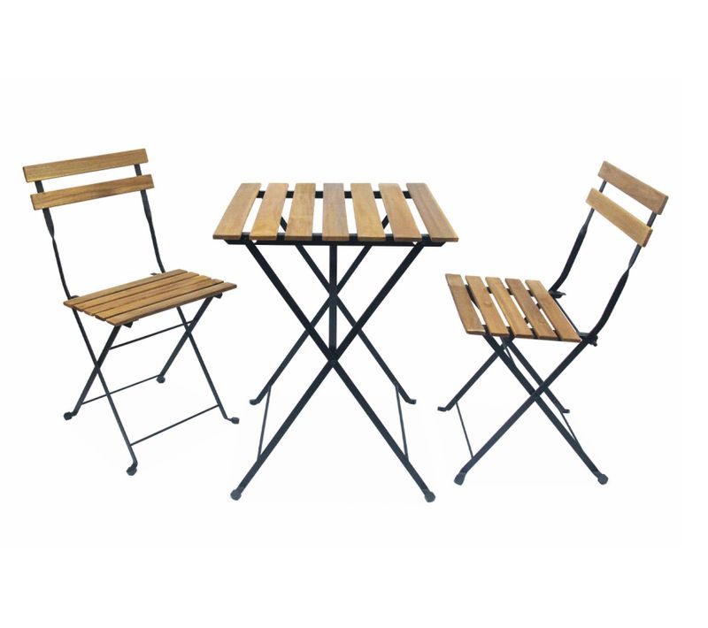 Table De Bistrot Pliante Bois D'acacia Et Métal + 2 Assises 55 X 54 Cm