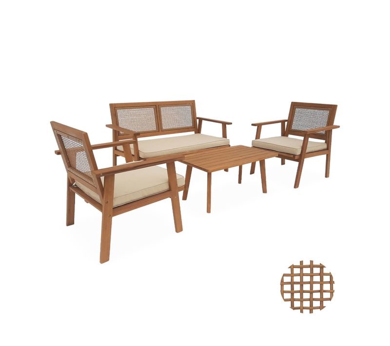 Salon De Jardin. Bohémia. Cannage Carré. Canapé 2 Places. 2 Fauteuils. 1 Table Basse 117x64x74 Cm