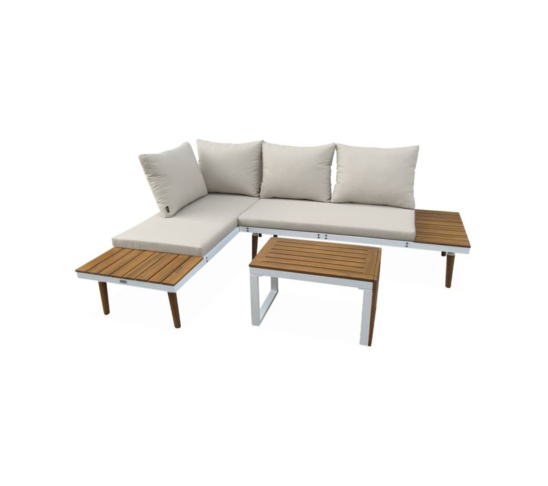 Salon De Jardin Beige Blanc Modulable En Aluminium Et Bois D'acacia 4 Places Sao Paulo