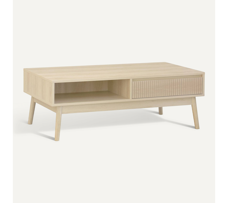 Table Basse Couleur Naturelle. Linear. Décor Bois Rainuré.  Pieds Compas. 2 Niches. 1 Tiroir.  L