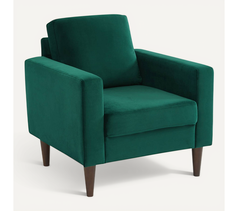 Fauteuil Scandinave En Velours Vert Anglais - Bjorn - Canapé 1 Place Fixe Droit Pieds Bois D'hévéa