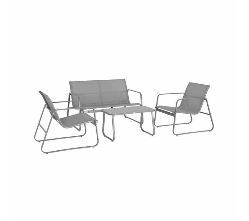 Salon De Jardin En Métal  Et Textilène Pour 4 Personnes. Gris Clair. Design