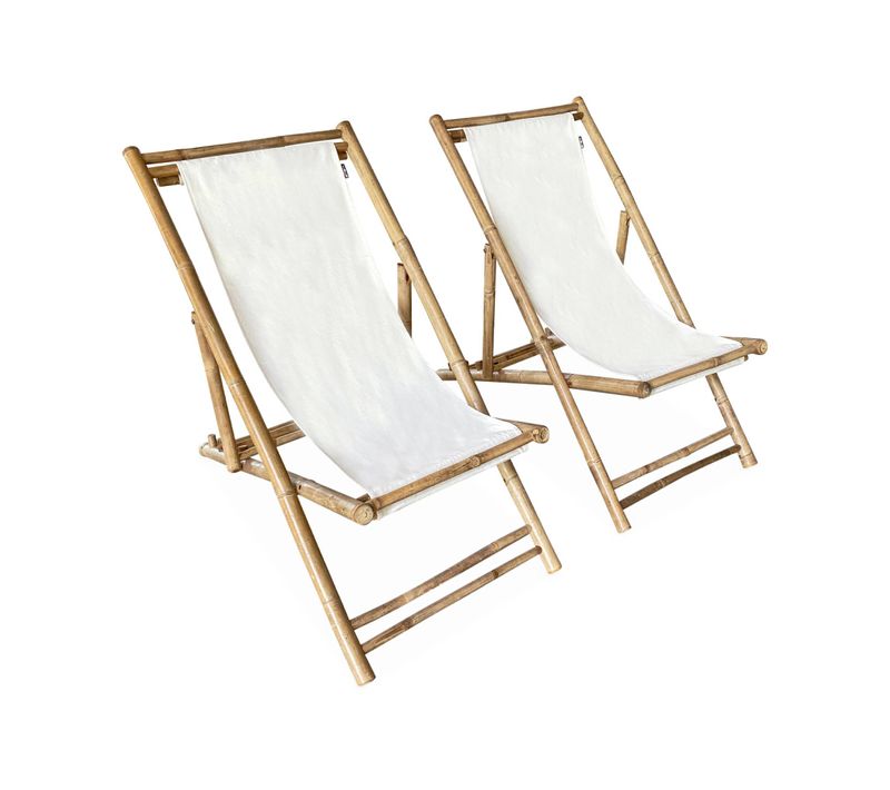 Lot De 2 Chiliennes En Bambou. Toile Naturelle Polyester Et Coton. Davao L110 X P60 X H94cm