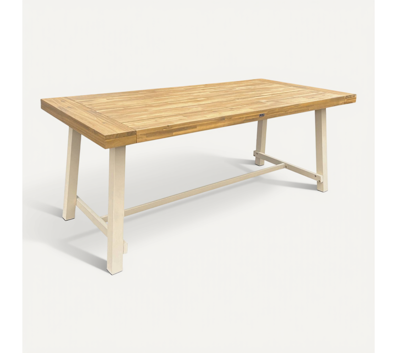 Table Intérieur/extérieur En Bois Clair. Effet Teck Et Acier Galvanisé Ivoire. Fortaleza L190 X