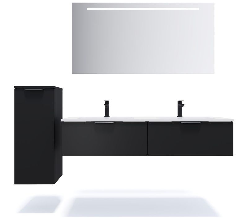 Ensemble Salle De Bain Double Vasque 140cm 2 Tiroirs Noir + Miroir + Colonne Gauche - Soho