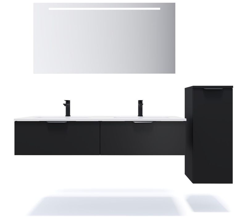 Ensemble Salle De Bain Double Vasque 140cm 2 Tiroirs Noir + Miroir + Colonne Droite - Soho