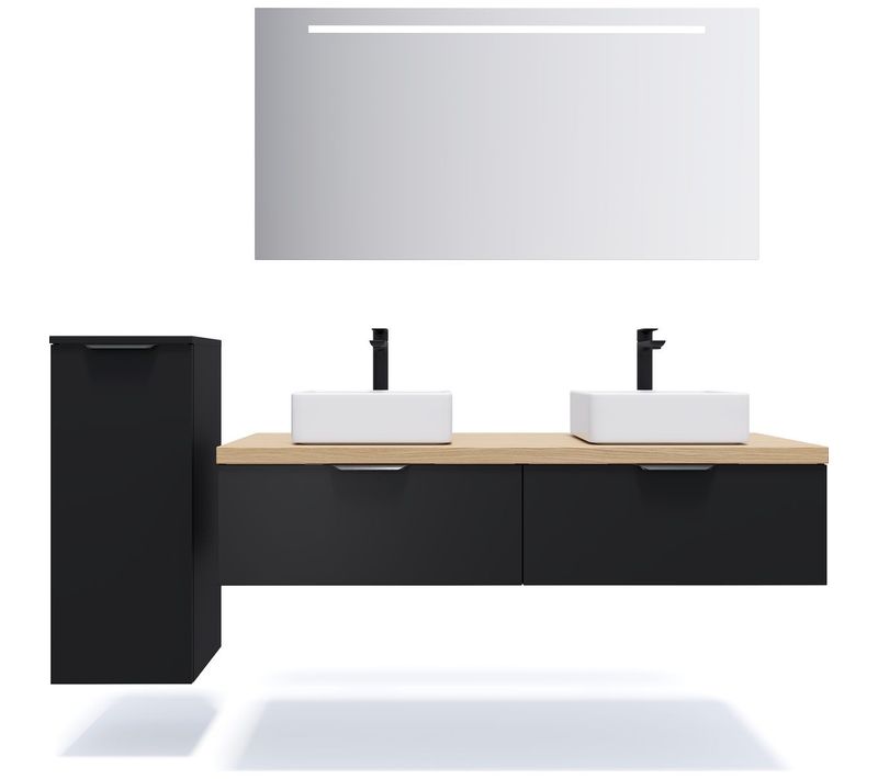 Ensemble Salle De Bain 2 Vasques Posées 140cm 2 Tiroirs Noir + Miroir + Colonne Gauche - Soho