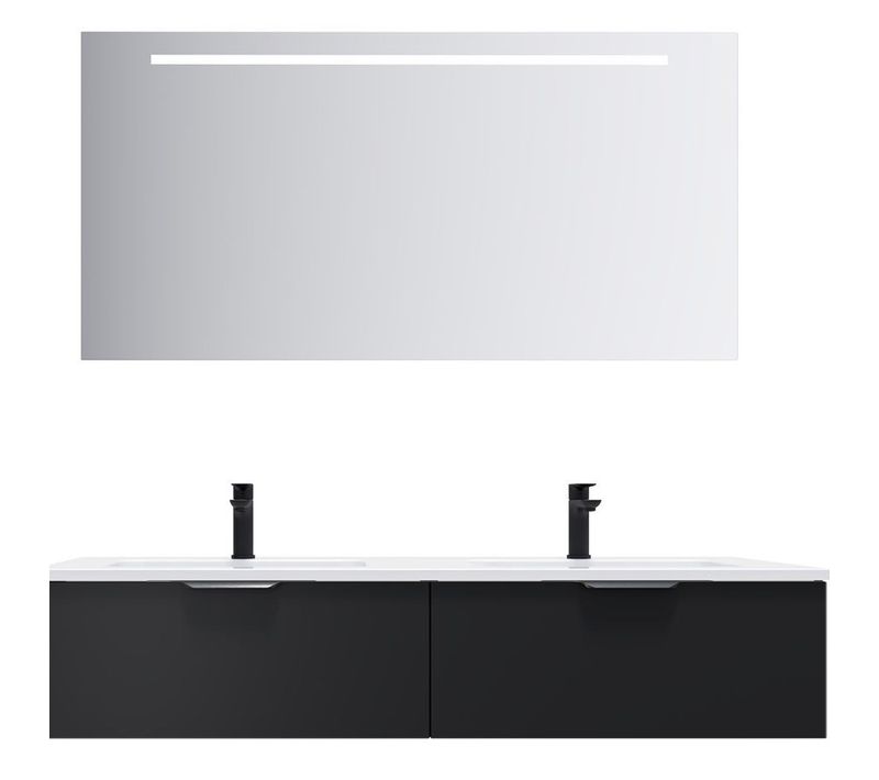 Meuble De Salle De Bain Double Vasque 140cm 2 Tiroirs Noir + Miroir - Soho