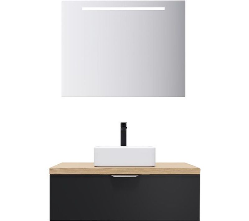 Meuble De Salle De Bain Vasque Posée 90cm 1 Tiroir Noir + Miroir - Soho