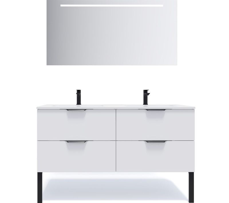 Meuble De Salle De Bain Double Vasque 140cm 4 Tiroirs Blanc + Miroir - Soho