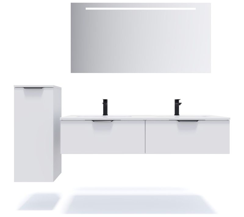 Ensemble Salle De Bain Double Vasque 140cm 2 Tiroirs Blanc + Miroir + Colonne Gauche - Soho