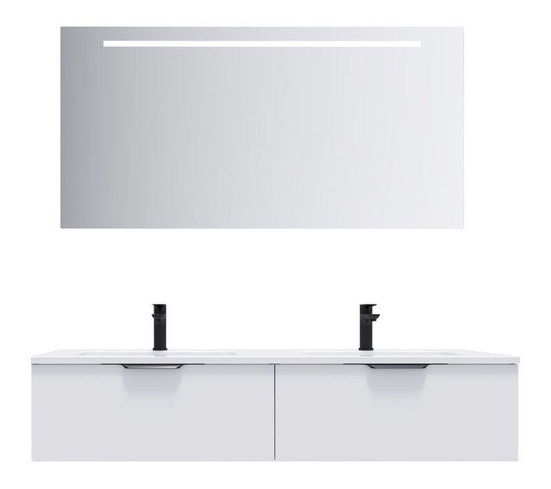 Meuble De Salle De Bain Double Vasque 140cm 2 Tiroirs Blanc + Miroir - Soho