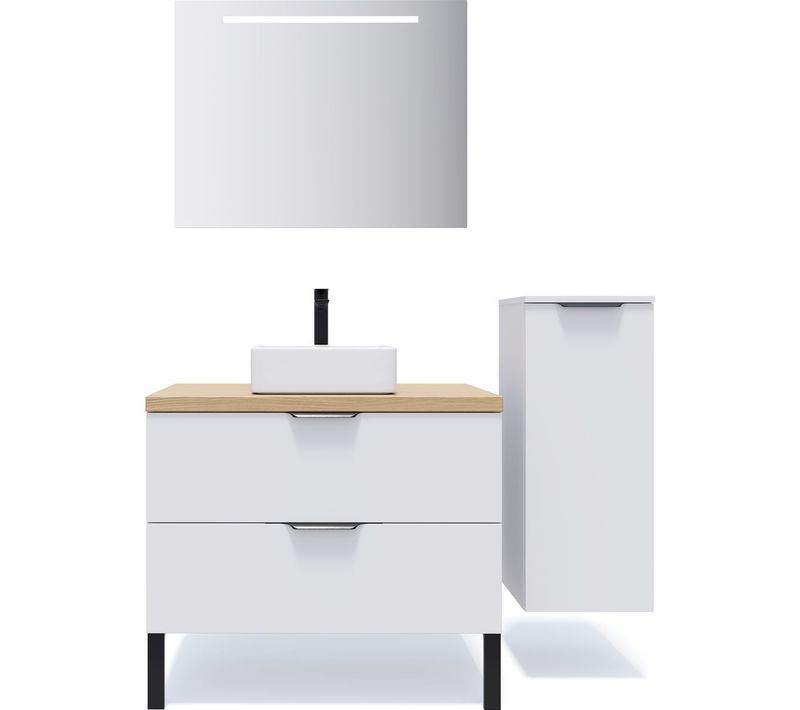 Ensemble Salle De Bain Vasque Posée 90cm 2 Tiroirs Blanc + Miroir + Colonne Droite - Soho
