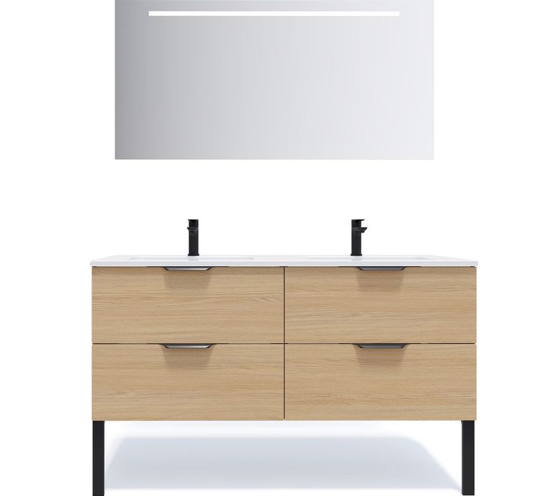 Meuble De Salle De Bain Double Vasque 140cm 4 Tiroirs Chêne + Miroir - Soho