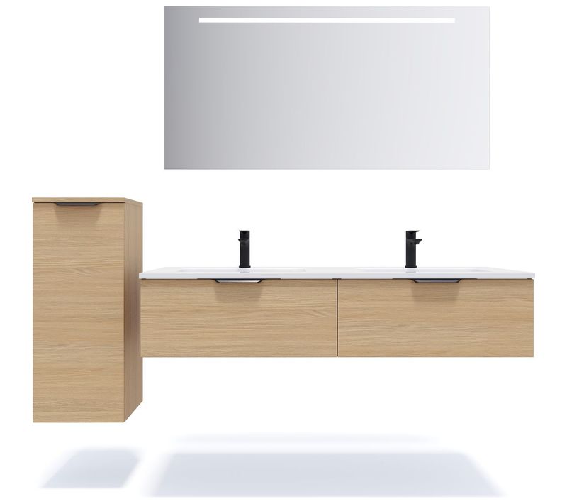 Ensemble Salle De Bain Double Vasque 140cm 2 Tiroirs Chêne + Miroir + Colonne Gauche - Soho