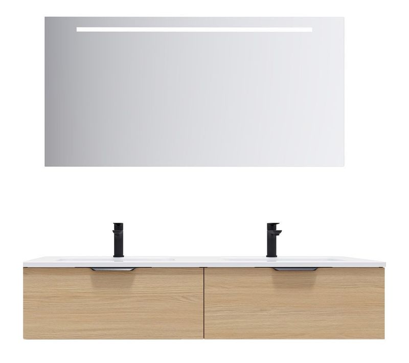 Meuble De Salle De Bain Double Vasque 140cm 2 Tiroirs Chêne + Miroir - Soho