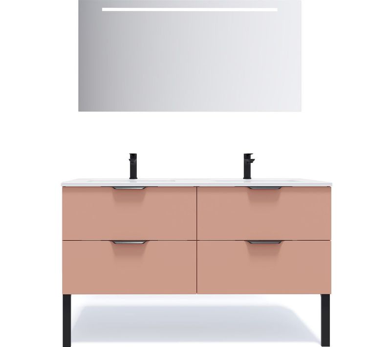 Meuble De Salle De Bain Double Vasque 140cm 4 Tiroirs Abricot + Miroir - Soho
