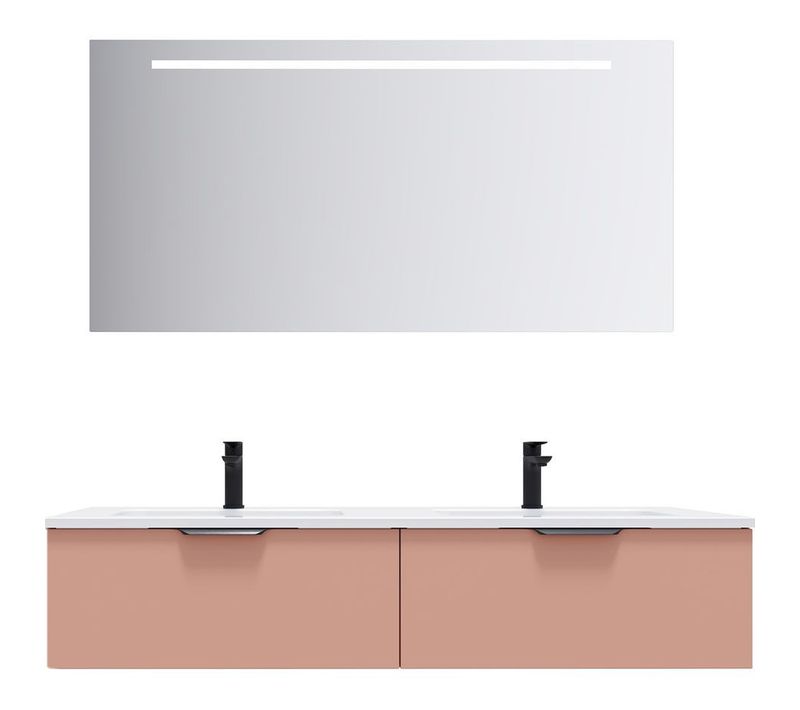 Meuble De Salle De Bain Double Vasque 140cm 2 Tiroirs Abricot + Miroir - Soho