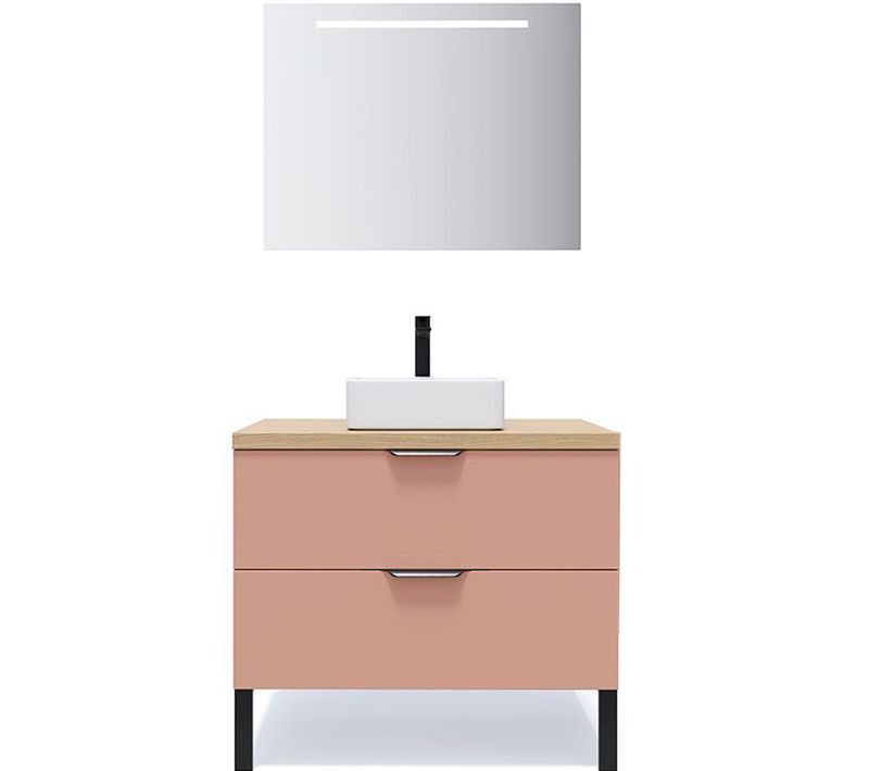 Meuble De Salle De Bain Vasque Posée 90cm 2 Tiroirs Abricot + Miroir - Soho