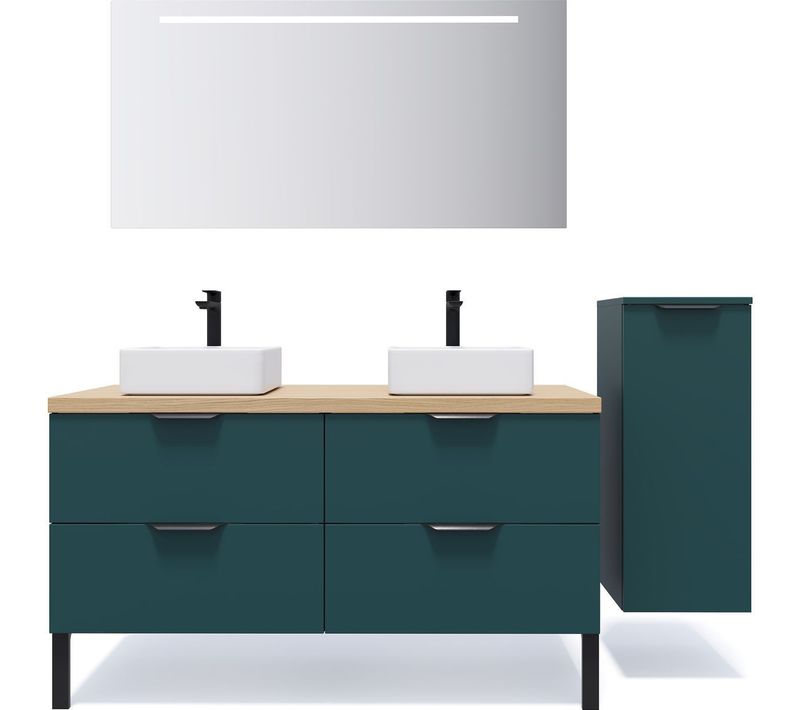 Ensemble Salle De Bain 2 Vasques Posées 140cm 4 Tiroirs Bleu + Miroir + Colonne Droite - Soho