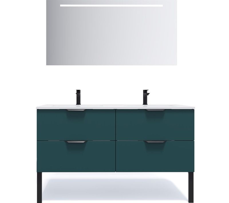 Meuble De Salle De Bain Double Vasque 140cm 4 Tiroirs Bleu + Miroir - Soho