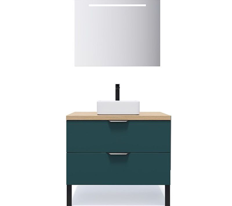 Meuble De Salle De Bain Vasque Posée 90cm 2 Tiroirs Bleu + Miroir - Soho