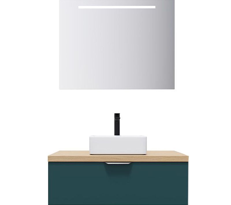 Meuble De Salle De Bain Vasque Posée 90cm 1 Tiroir Bleu + Miroir - Soho