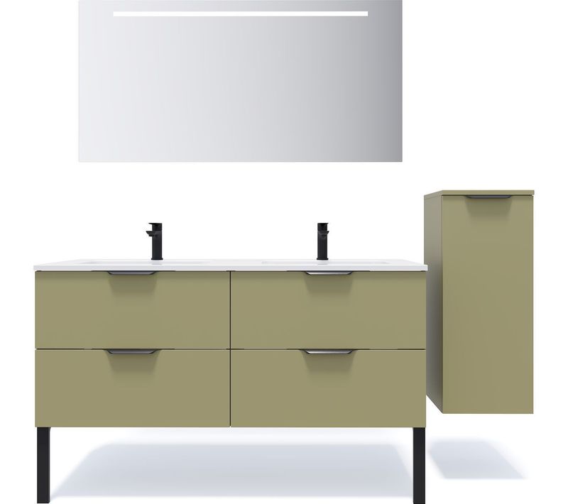Ensemble Salle De Bain Double Vasque 140cm 4 Tiroirs Vert + Miroir + Colonne Droite - Soho