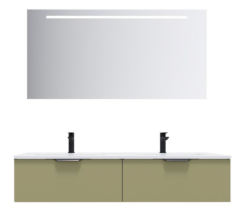 Meuble De Salle De Bain Double Vasque 140cm 2 Tiroirs Vert + Miroir - Soho