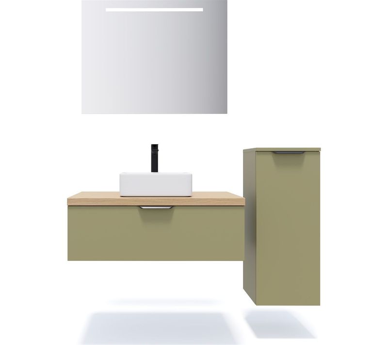 Ensemble Salle De Bain Vasque Posée 90cm 1 Tiroir Vert + Miroir + Colonne Droite - Soho